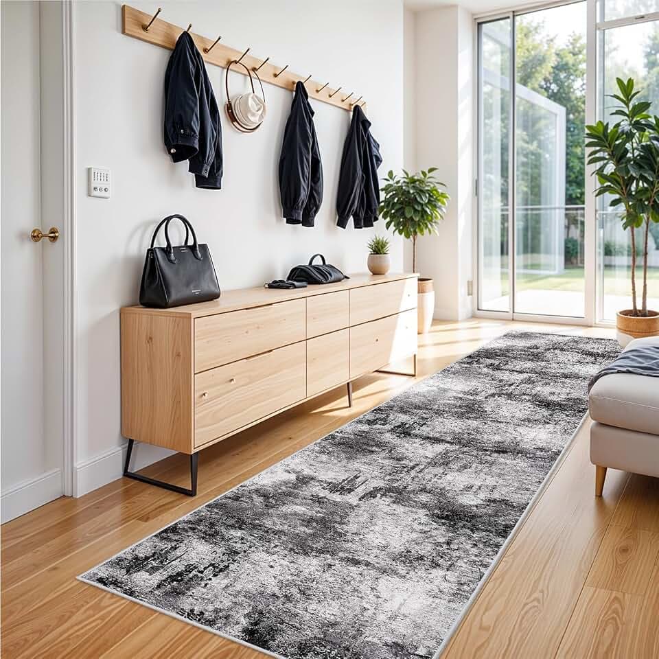 Hallway 3x12 Runner Rug: Non Slip Long Indoor Runner for Bedroom Black Grey
