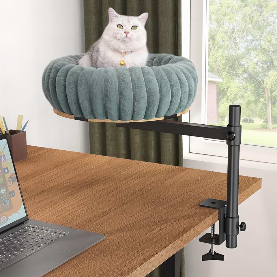 XiaZ Cat Desk Bed Elevated Cat Desk Perch Rotating & Adjustable Desk Mounted Nest, Perfect Cats Table Beds for Working from Home/Office, Dual Mounting Options Desk Top/Under Desk