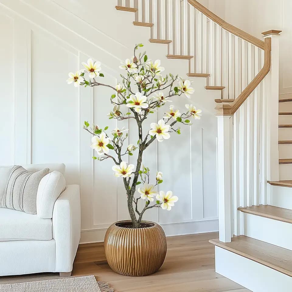Garvee Künstliche Magnolia Pflanzen,150 cm Kunstpflanzen mit Weiß Topf Für Indoor, Patio Home Office Blumen Dekor, Groß Künstliche Baum Kunstbaum (Weiß Magnolia 5 ft/150cm)
