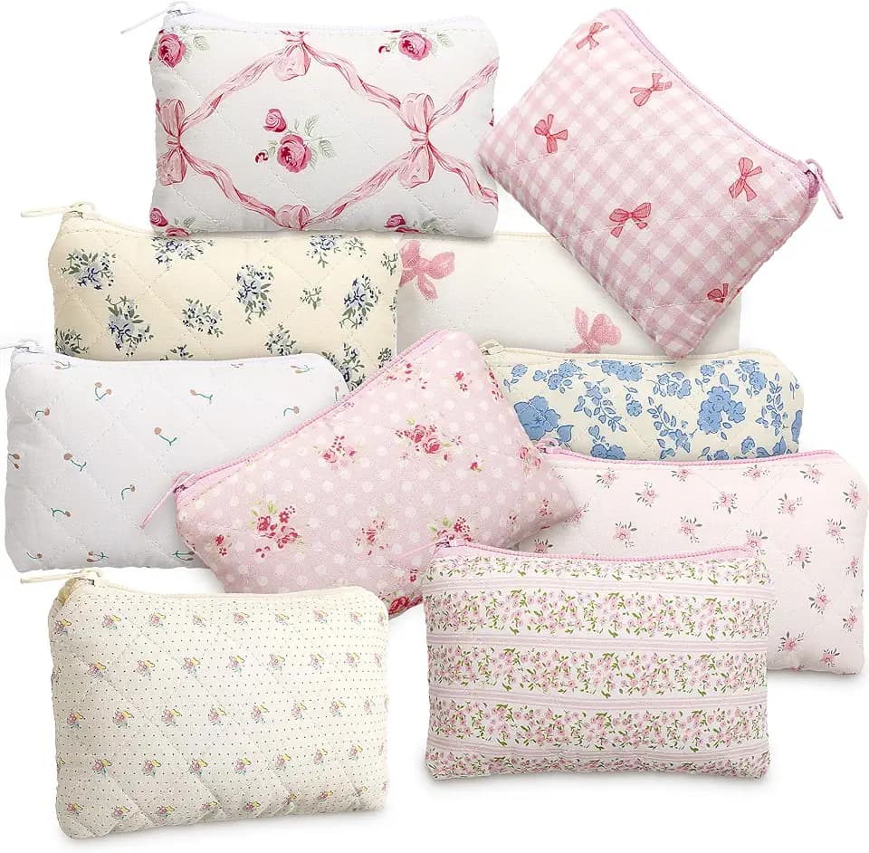 Paterr 10 Pcs Cotton Quilted Makeup Bag Floral Cosmetic Bag Bridesmaid Gift