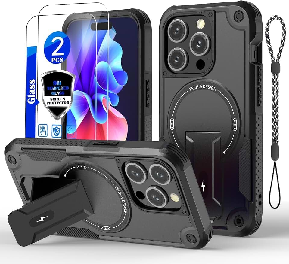 for iPhone 15 Pro case with Glass Screen Protector Film-Black