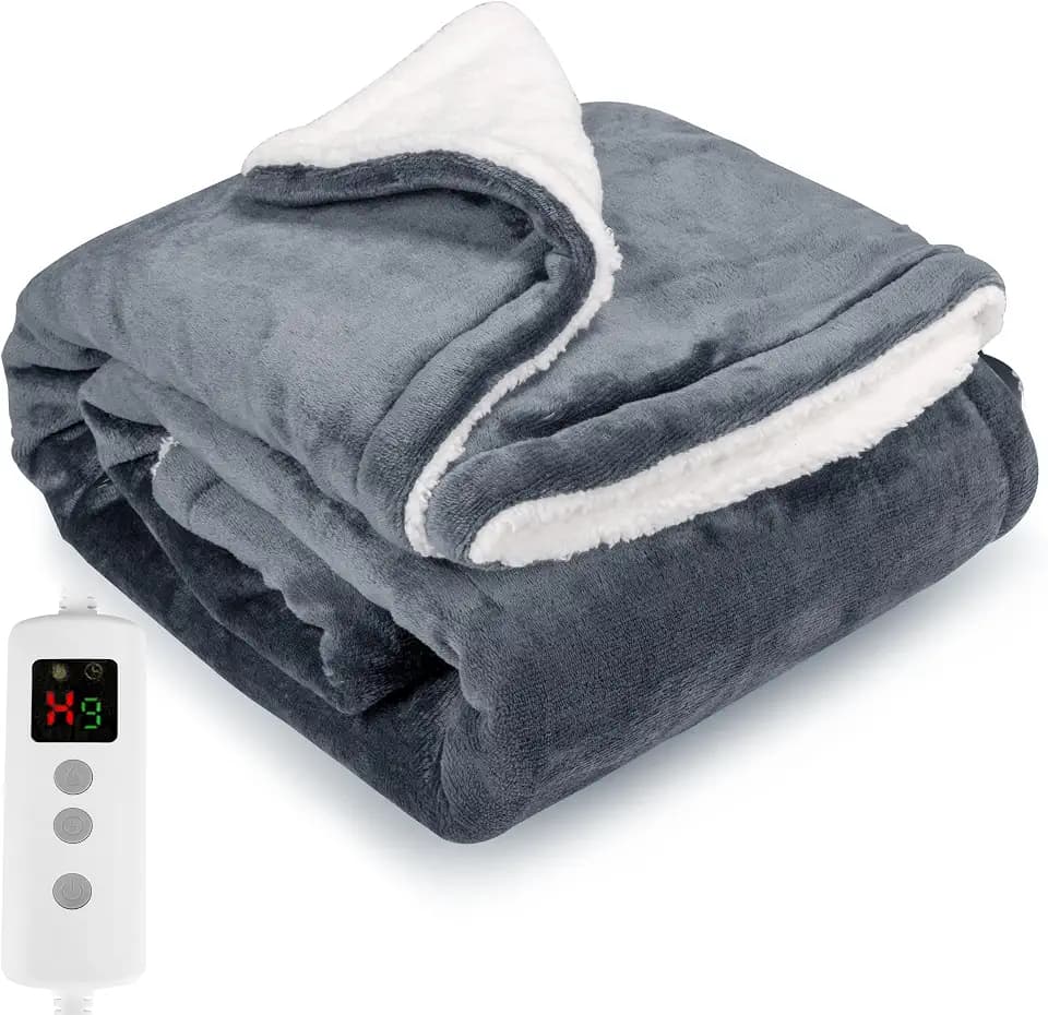 PROALLER Heizdecke 160x130CM, 10 Stufen & 1-9H Timer Auto-Aus, Maschinengängig, Weiches Flanell-Sherpa, Sofasitzkissen Bett Büro Verwendung, Heizdecke mit Abschaltautomatik,Grau