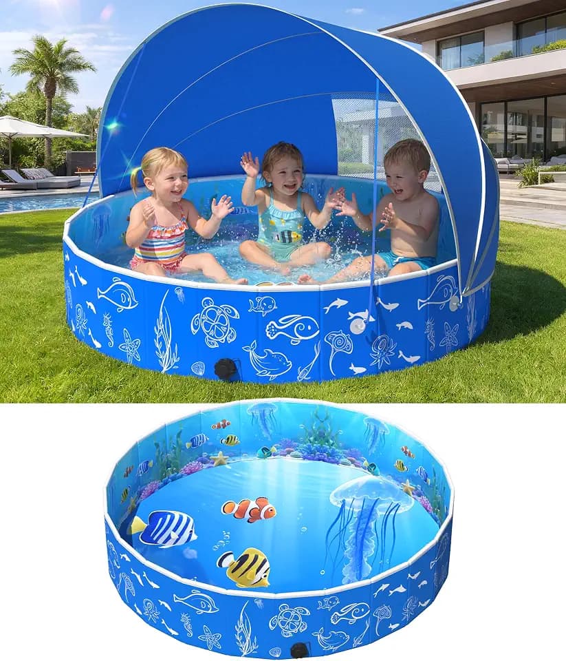 FizZeal Foldable Kiddie Pool with Canopy 51In Baby Pool with Shade