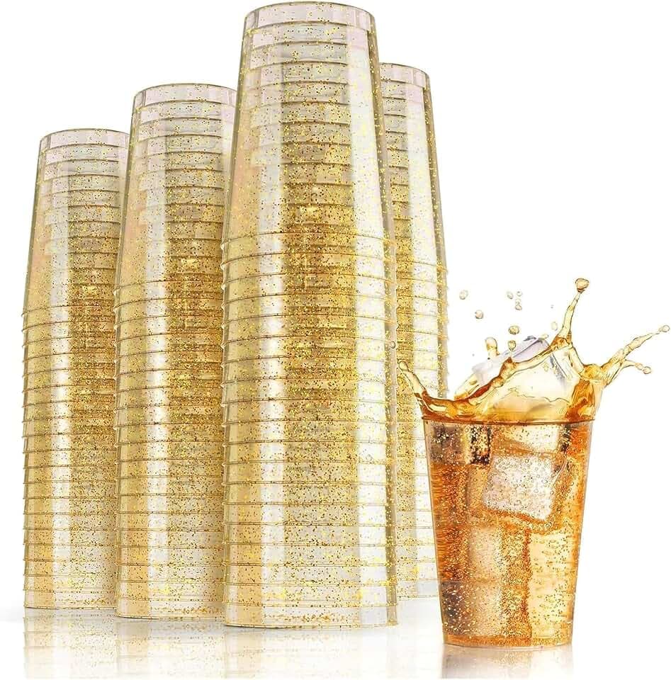 Woobroo Becher, 50 Stück 270 ml/9oz mit Pailletten, wiederverwendbar, goldfarben, für Getränke, Cocktails, Hochzeiten, Partys, Weihnachten