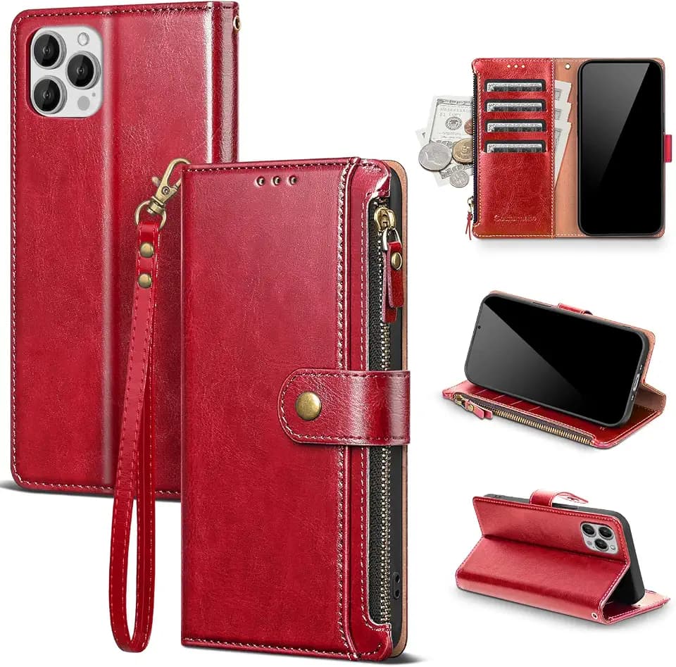for iPhone 14 Pro Max Wallet Case with Card Holder,Red