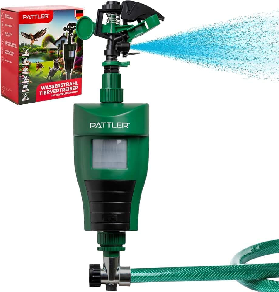 PATTLER® Wasserstrahl Tiervertreiber I Katzenschreck, Vogelabwehr, Reiherschreck für Garten | PIR-Bewegungsmelder I Reichweite bis zu 10 m I Vogelschreck, Katzenabwehr, Hundeabwehr