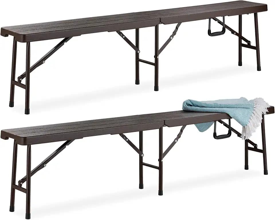 Relaxdays Bierbank 2er Set, Faltbare Partybank für Balkon & Garten, Kunststoff, Campingbank, 42,5 x 179 x 24,5 cm, braun