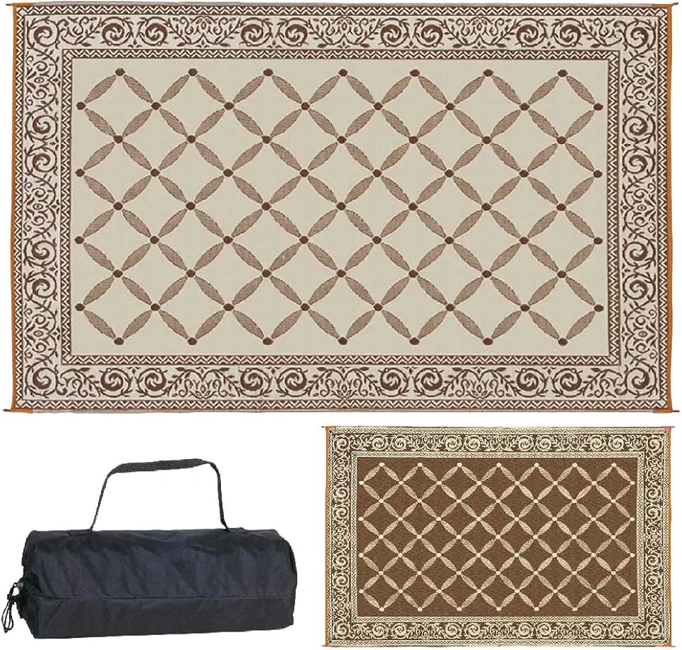 Stylish Camping 116097 6-feet by 9-feet Reversible Mat, Plastic Straw Rug, Large Floor Mat for Outdoors, RV, Patio, Backyard, Picnic, Beach, Camping (Brown/Beige)