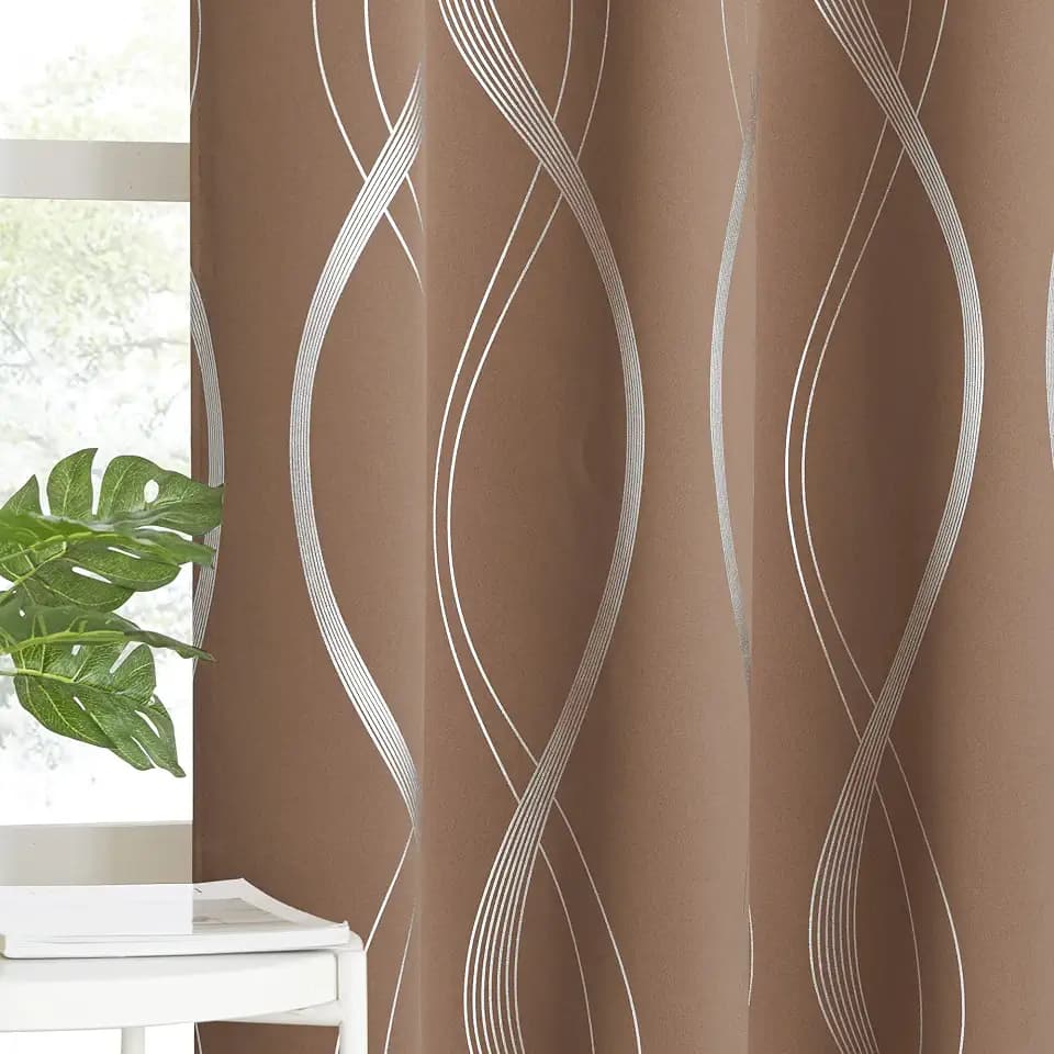 NICETOWN Blackout Short Curtains Panels for Bedroom, Microfiber Noise Reducing Thermal Insulated Wave Line Foil Print Design Blackout Curtains for Office, Classroom (Cappuccino, 2 Panels, 52 x 45)