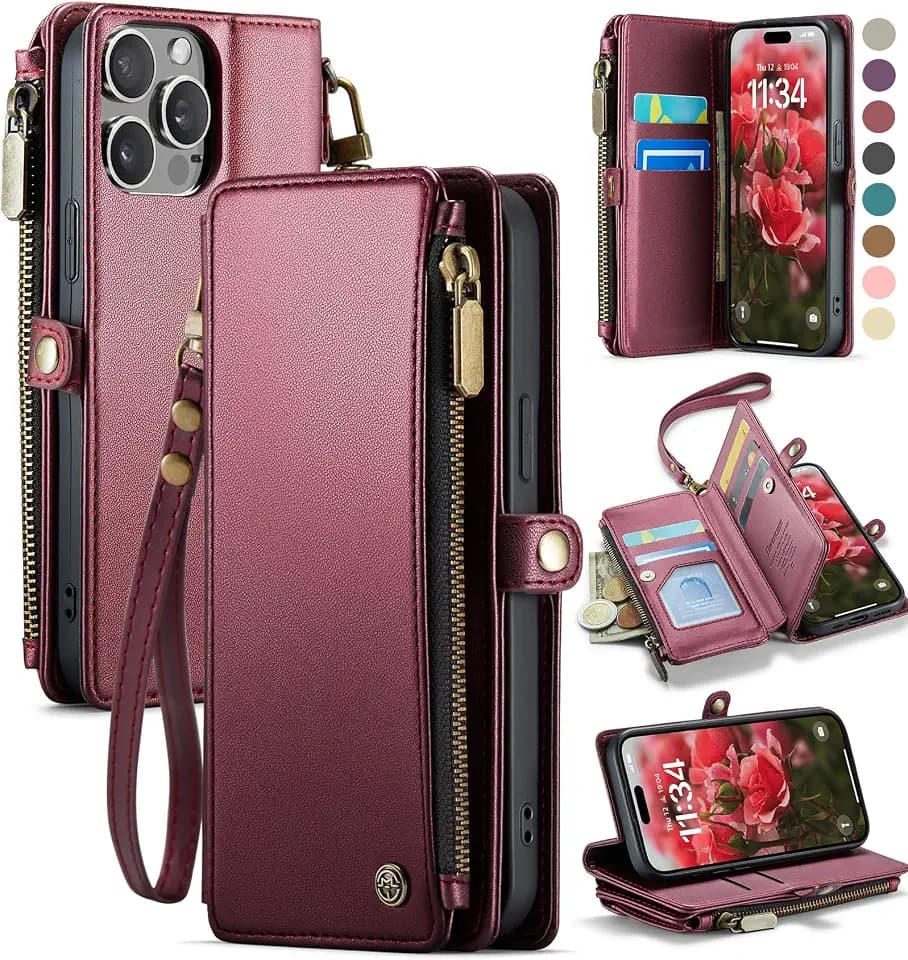 Defencase for iPhone 13 Pro Wallet Case with RFID Card Holder, Wine Red