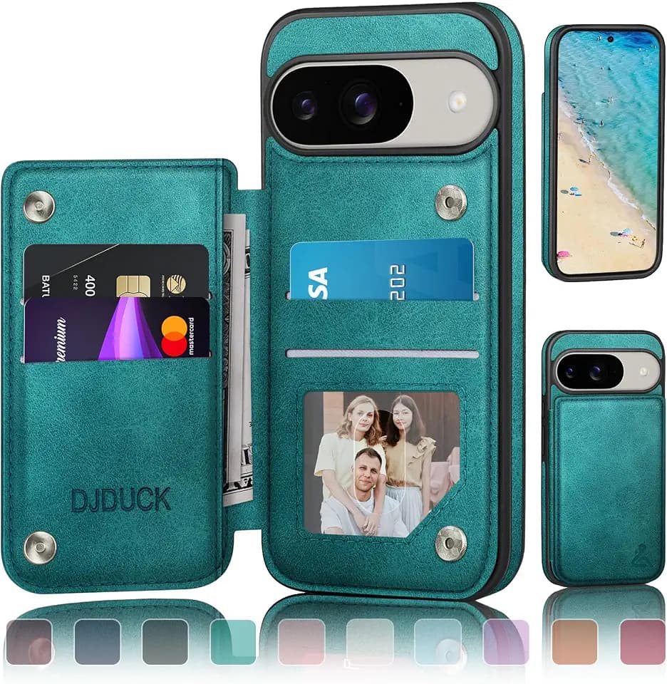 DJDUCK Designed for Google Pixel 9 5G/Pixel 9 Pro Case Wallet with Card Holder, [Magnetic Clasp Cover] [RFID Blocking Leather Protection] Shockproof Women Men Cases for Pixel 9 Blue Green