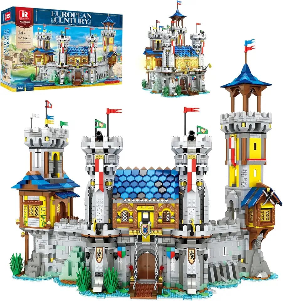 Reobrix Mittelalterliche Burg Bausets für Erwachsene, Mittelalterliche Architektur Set mit Licht, Sammlermodell oder Home Office Decor, Street View House Building Kits 66006