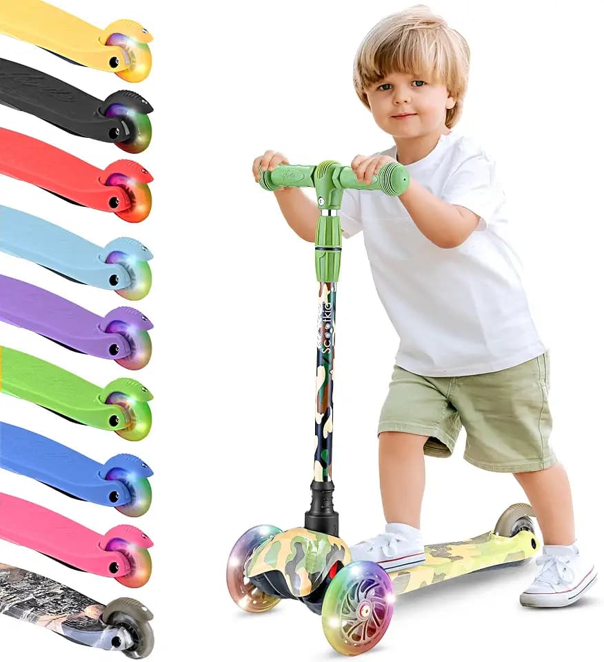 Hurtle Mini Kickboard 3 Wheel Scooter for Kids Ages 2-5 - Lean-to-Steer Toddler Scooter with Light-up LED Wheels, Adjustable Height & Rear Foot Brake for Boys. & Girls, Anti-Slip, Indoor/Outdoor