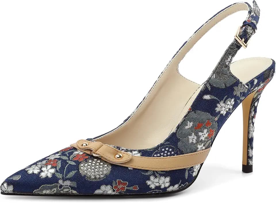 Eldof Women's High Slingback Heels Beaded Pumps Pointed Toe Denim Blue Shoes Stiletto Heel for Dress Sexy 3.5 Inch