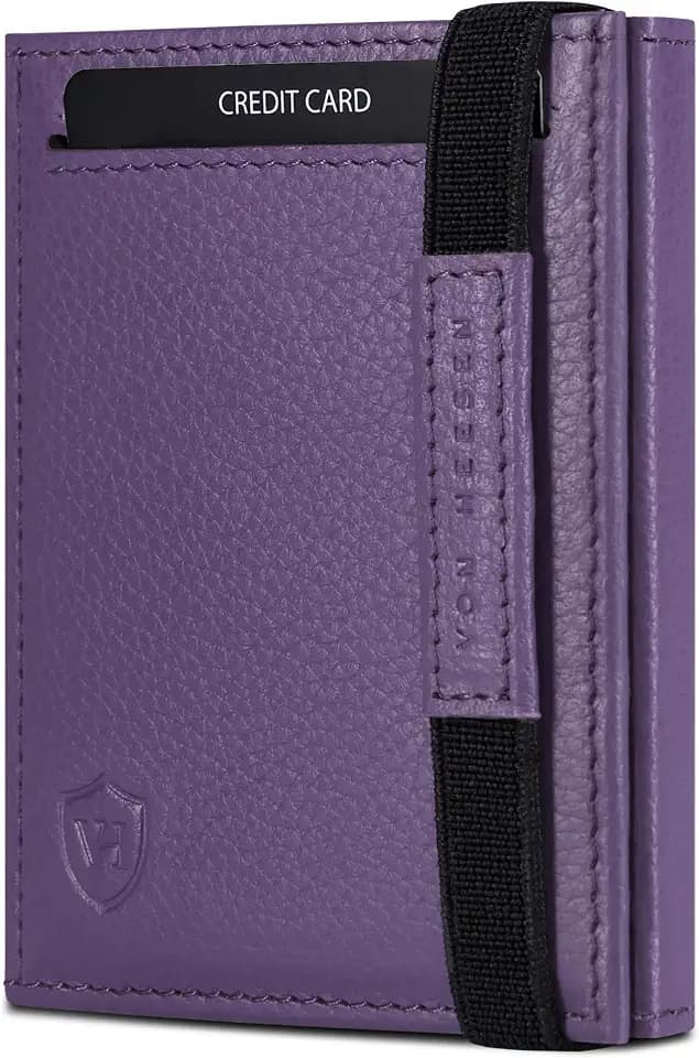VON HEESEN Slim Wallet mit Münzfach & RFID Schutz - Leder Geldbörse Herren klein - Mini Geldbeutel Damen Portmonee - Kartenetui Echtleder Karten Portemonnaie - Kreditkartenetui Violet