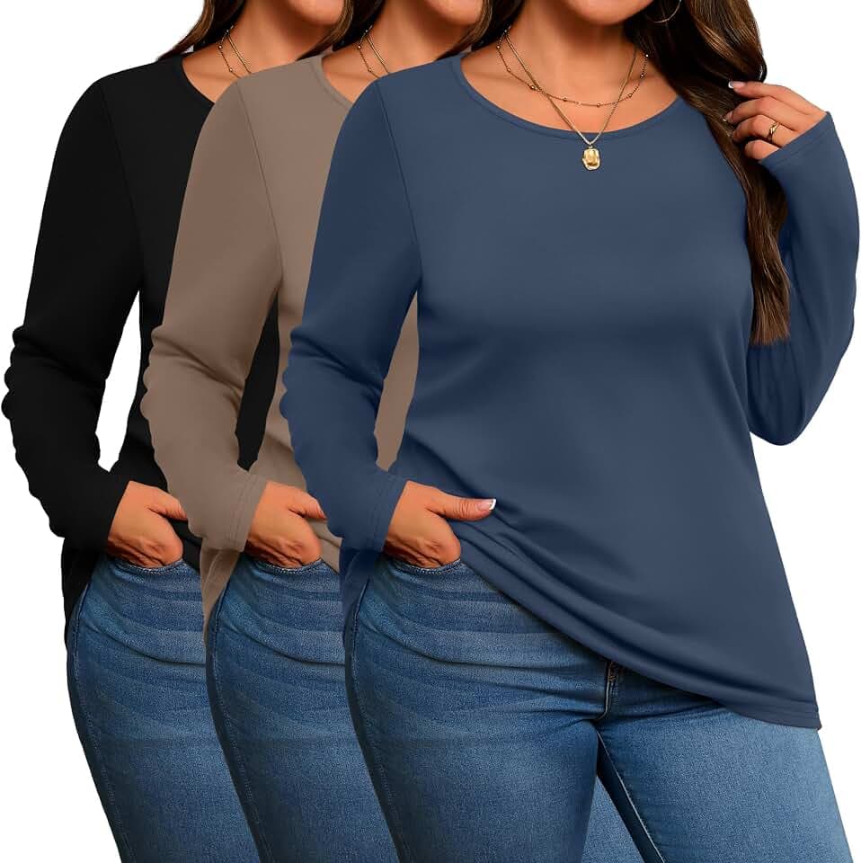 Evervibe 3 Pack Women's Plus Size Cotton Shirts Long Sleeve Tops