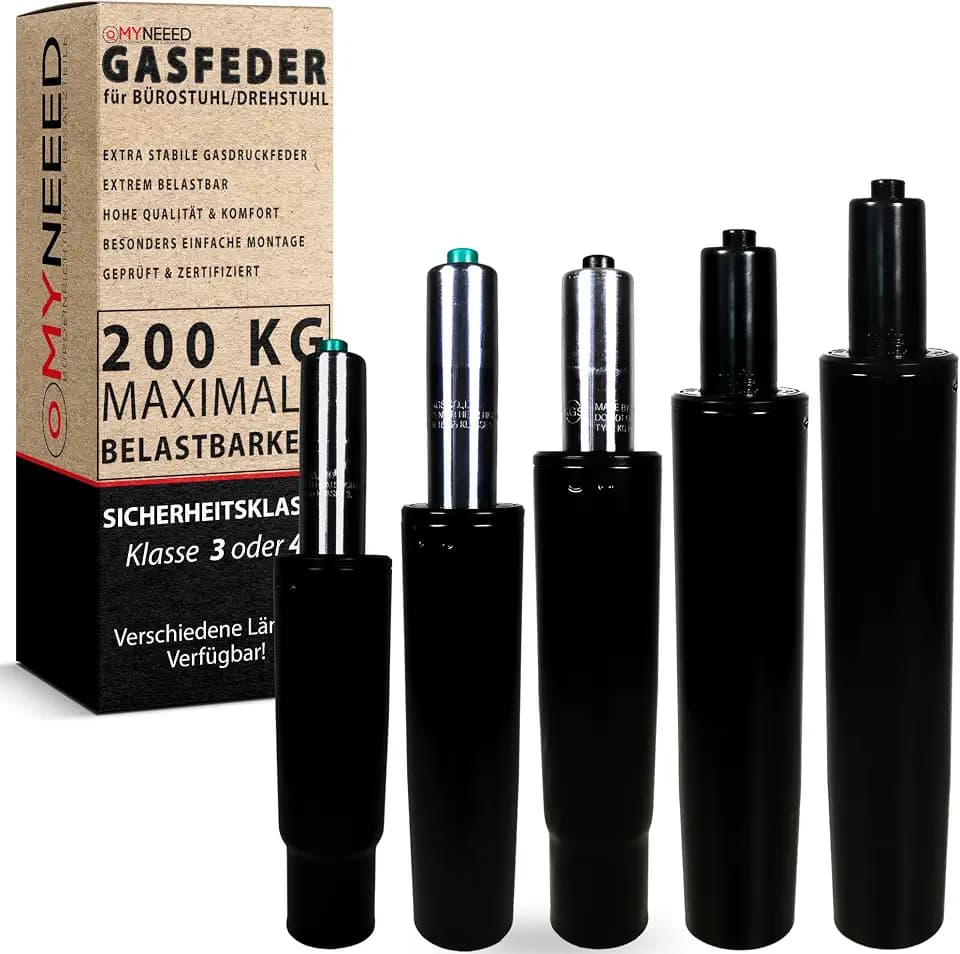 Gasfeder für Bürostuhl - Gasdruckfeder Belastbar bis 200 kg - Gasdruckdämpfer für Drehstuhl, Chefsessel, Hocker, Schreibtischstuhl - Gasfedersäule Bürostuhl, Standrohr-Länge:255 mm Schwarz