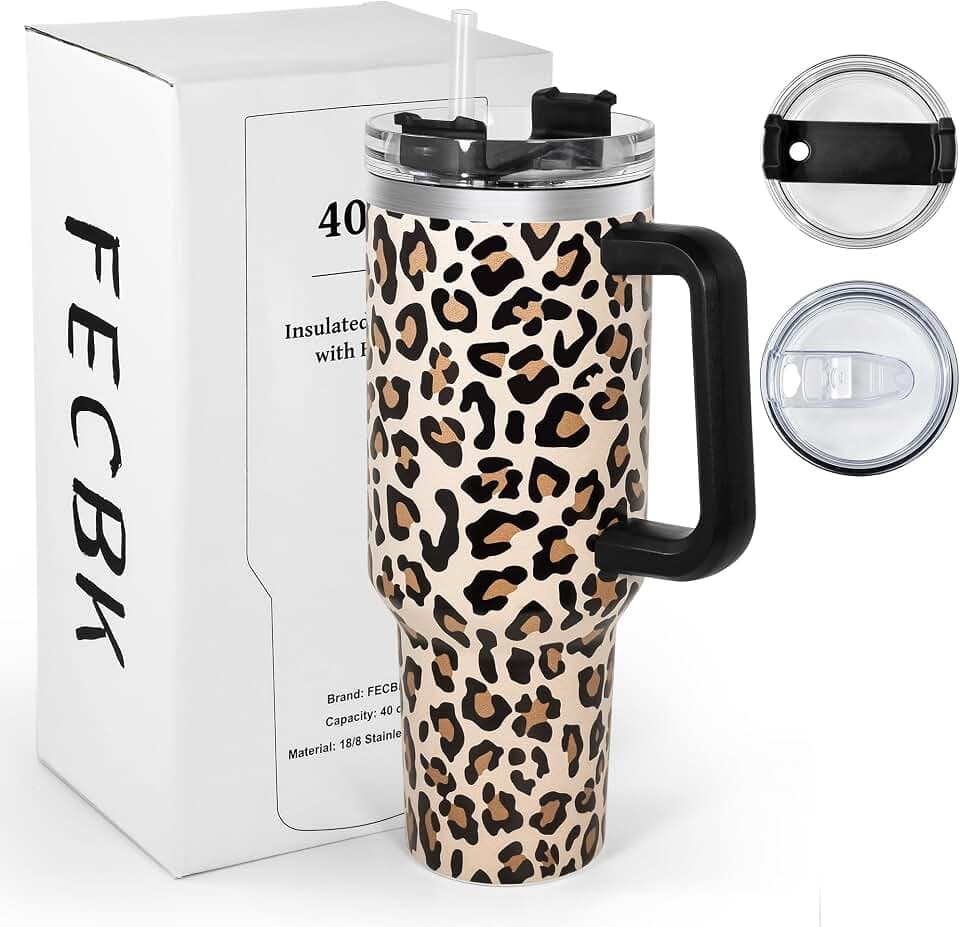 Thermobecher mit Strohhalm, Henkel und 2 Deckeln 1,2L, Leopard