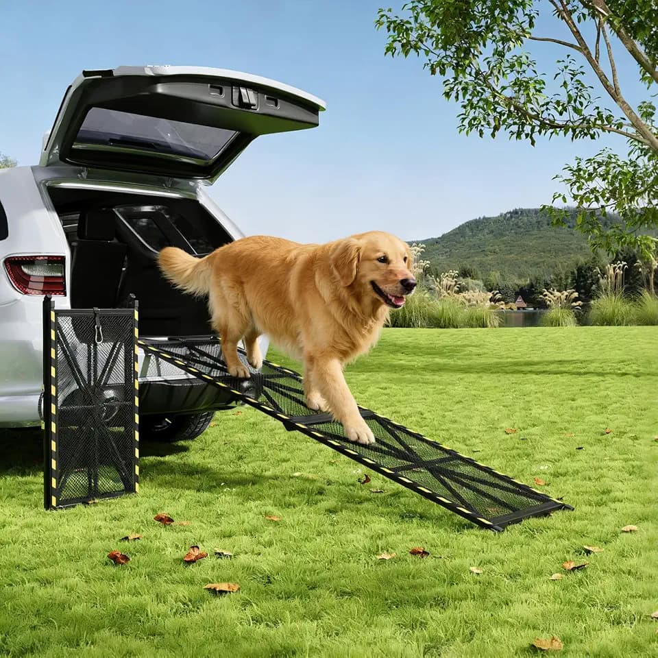 71'' L & 20'' W Dog Ramp for Pets - Collapsible & Portable Steel Pet Ramp, Incline Access Ramp for Car SUV/Truck/RV/Bed, Lightweight Ramps with Non-Slip Mesh Up to 300LBS, Black