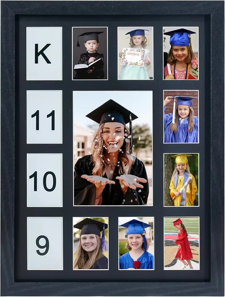 FramePro Schuljahre Bilderrahmen K-12 Day Abschlussfotocollage, schwarzer Rahmen mit Matte, zeigt ein 12 x 17 cm Foto und zwölf 6 x 8 cm Bilder