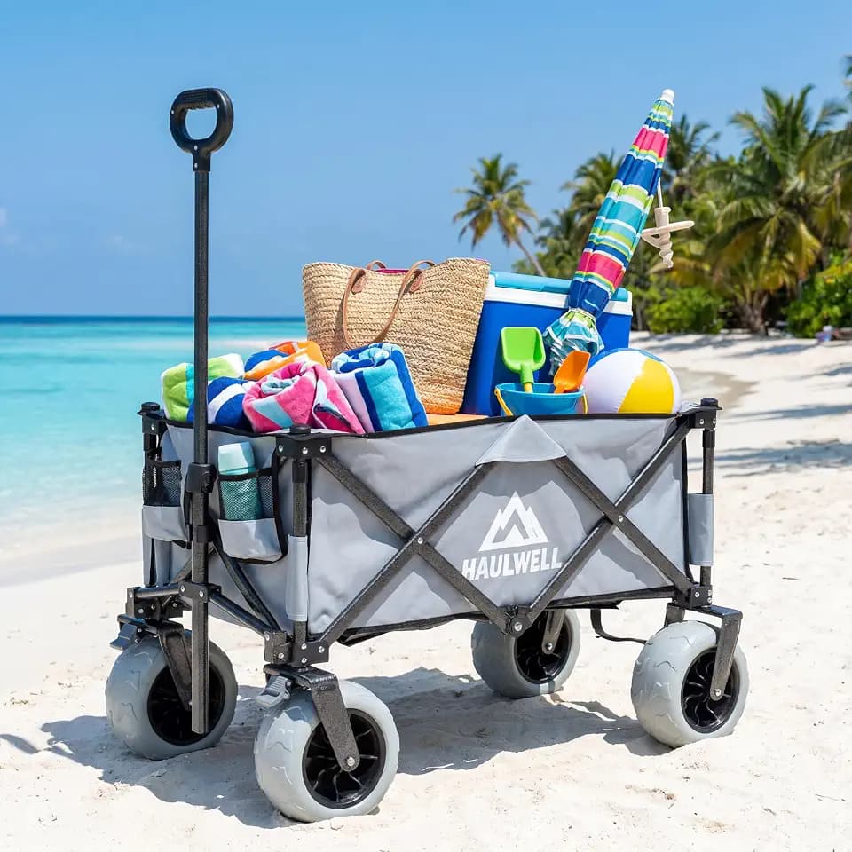 Beach Wagon with Big Wheels for Sand | Beach Cart for Sand | Collapsible Heavy Duty Beach Wagon for Kids, Camping & Outdoor | All Terrain Folding Cart | Haulwell | Gray