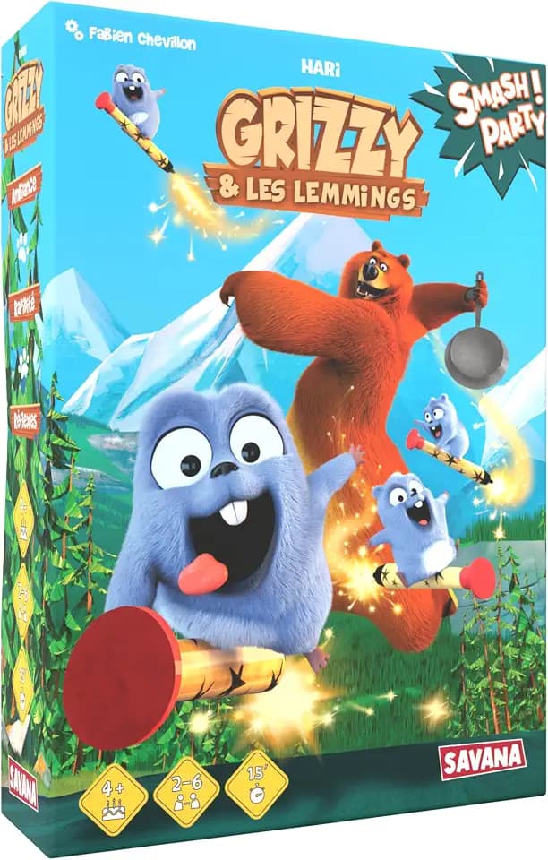 Savana - Smash Party | Grizzy und Die Lemmings, kooperatives Familienspiel für Kinder ab 4 Jahren | Rennen, Würfel und Sammlung, 2-6 Spieler, 15 Minuten, inspiriert von der Anime-Serie.