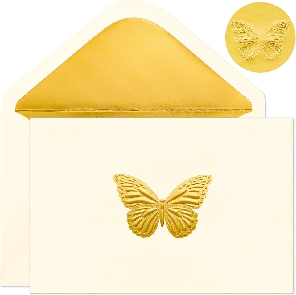 Crisky 4x6 50 Pack Blank Card and Envelope (Embossed Gold Foil Butterfly)