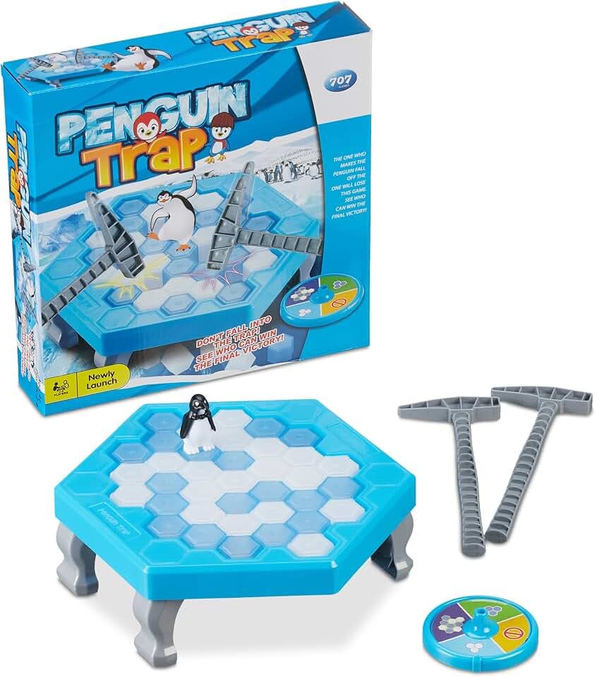 Relaxdays Pinguin Spiel, Kinderspiel ab 3 Jahre, Spielspaß für die Familie, 2–4 Spieler, Eisbrecher-Spiel, blau/weiß