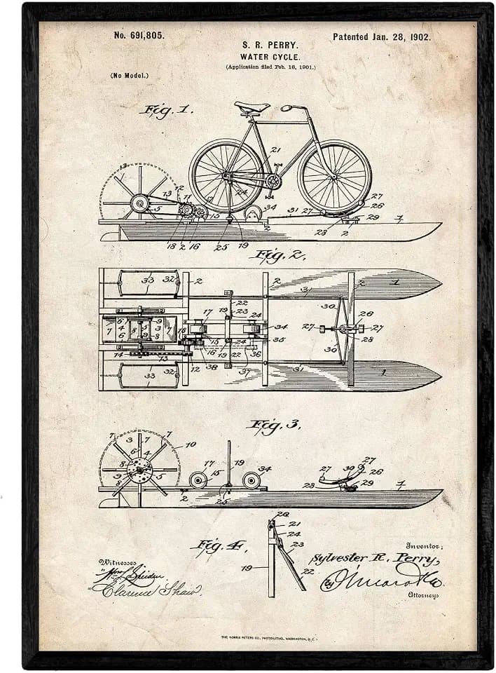 Nacnic Poster patentiertes Wasserfahrrad. Blatt mit altem Design-Patent in der Größe A3 und Vintage-Hintergrund