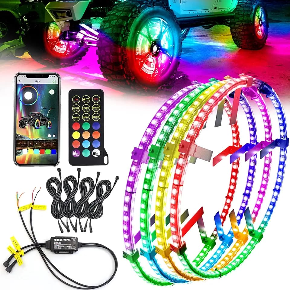4PCS 14" Chasing Dual Sided LED Wheel Ring Lights for Trucks Car, Dual Ctrl