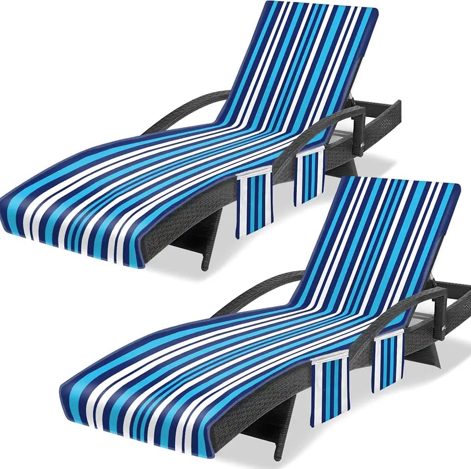Lounge Chair Towel Cover 2 Pack with Pockets & Straps, Oversized 85" x 30" No-Slip Beach Chair Covers, Pool Chaise Lounge Towel, Resort Stripe Patio Lounger Cover for Beach Garden, Blue White