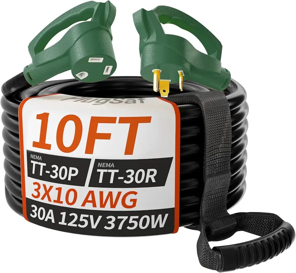 PlugSaf 10 FT 30 Amp RV Extension Cord Outdoor with Grip Handle, Flexible Heavy Duty 10/3 Gauge STW RV Power Cord Waterproof with Cable Organizer, NEMA TT-30P to TT-30R, Black-Green, ETL Listed