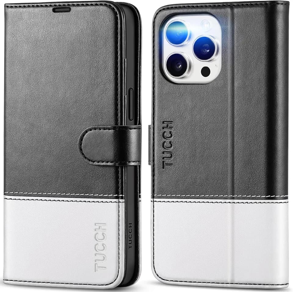TUCCH Wallet Case for iPhone 15 Pro Max (6.7"), Flip Stand, Black & White