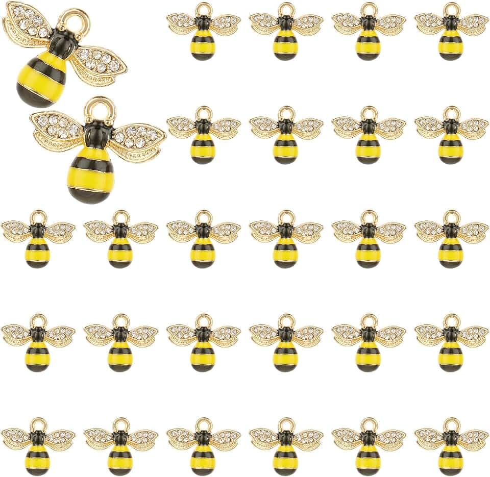 40Pcs Enamel Bee Charms Pendants Rhinestone Honeybee Pendants Bulk Gold Plated Bee Charms Cute Metal Craft Embellishments for Halloween DIY Handmade Jewelry Making Necklace Bracelet Earring