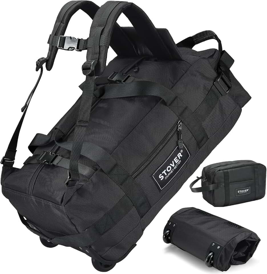 STOVER 45/80/100L Carry-On Rolling Duffel Bag with Wheels, Medium Durable Travel Duffle w/Toiletry Bag, Packable, Foldable with Shoulder Straps- Use as Luggage or Backpack, Men/Women (Black)
