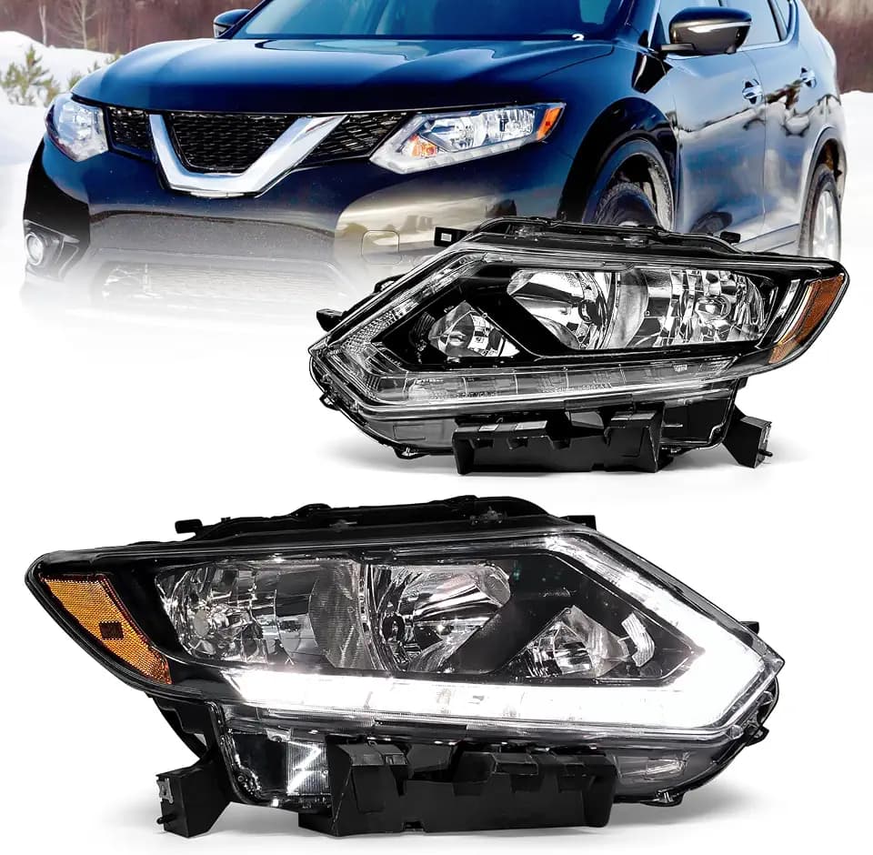 Headlight Assembly for 2014 2015 2016 Nissan Rogue Clear Lens Black Housing with Amber Reflector Headlamp Replacement Left and Right Pair(Only Fits Models with Halogen（W/O Bulbs）