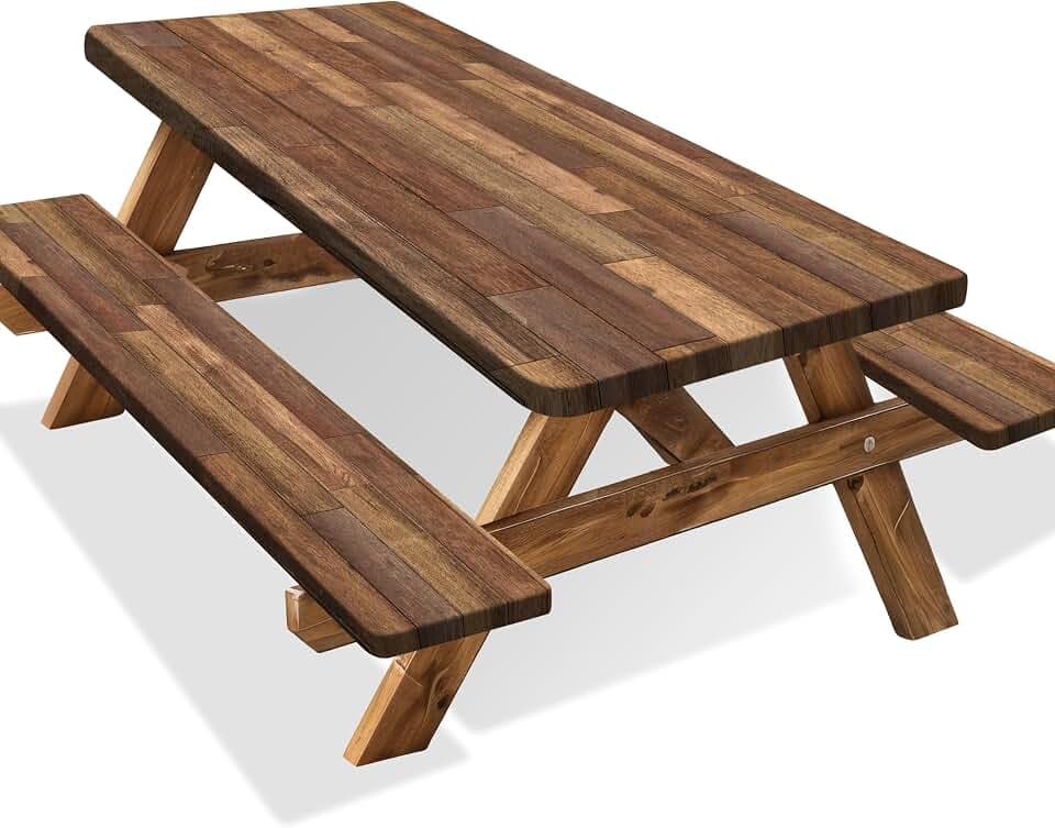 Picnic Table Cover with Bench Covers Camping Essentials Wooden Brown Outdoor Table Cloth with Elastic Rustic Waterproof Fitted Camping Tablecloth for RV Picnic Travel