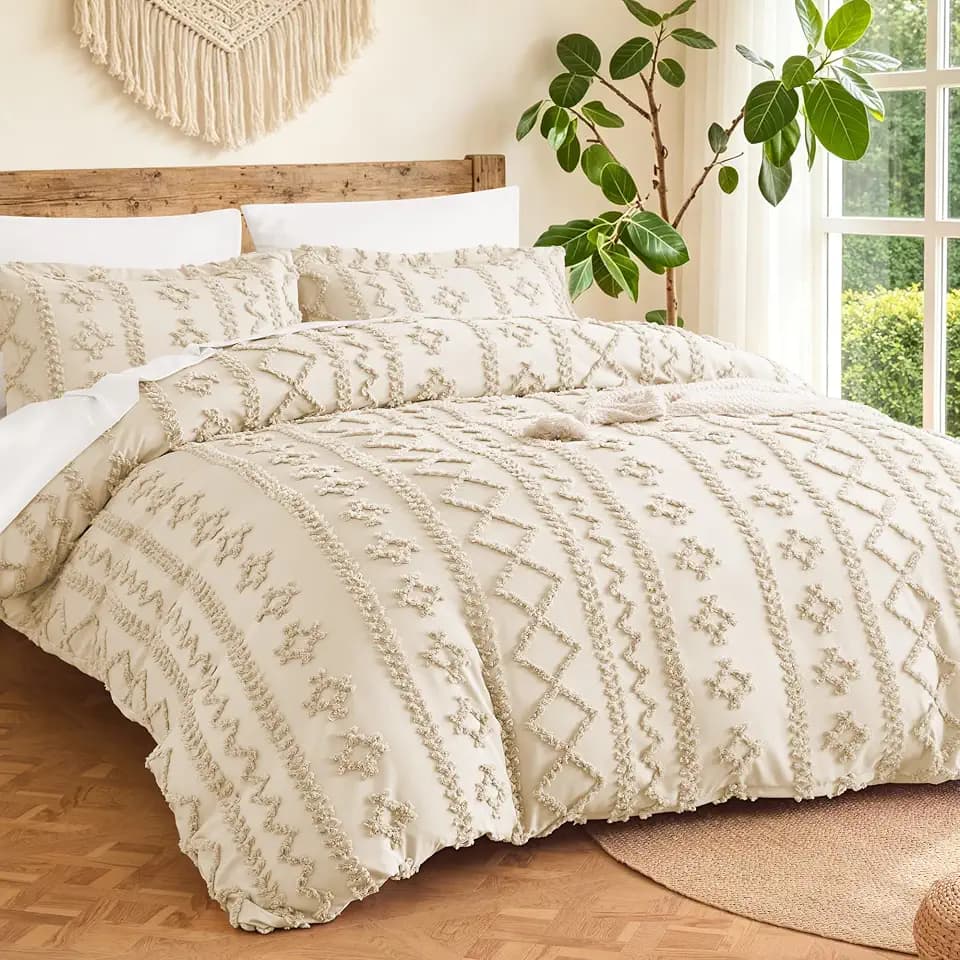 MR&HM Boho Duvet Cover Twin, Soft Vintage Tufted Bedding, 2-Piece, Beige