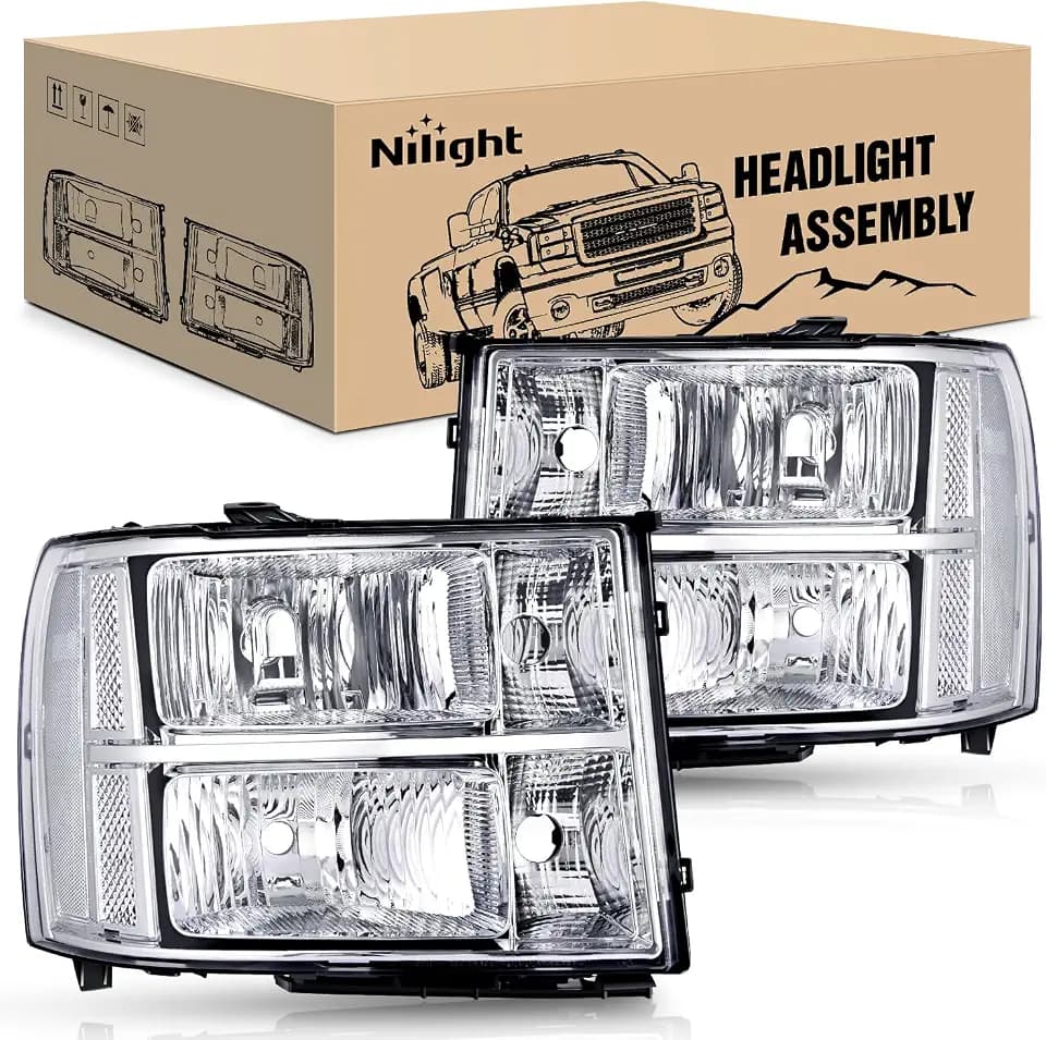 Nilight Headlight Assembly Compatible for 2007 2008-2013 GMC Sierra 1500 2008-2014 GMC Sierra 2500 HD 3500 HD Chrome Housing Clear Corner Clear Lens, Headlights Assembly Replacement
