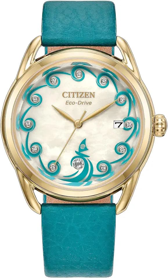 CITIZEN Ladies Eco-Drive Disney Moana: 36mm Gold-Tone Stainless Steel Case with a Blue Leather Strap & Light Champagne Dial (Style: FE6182-46Y)