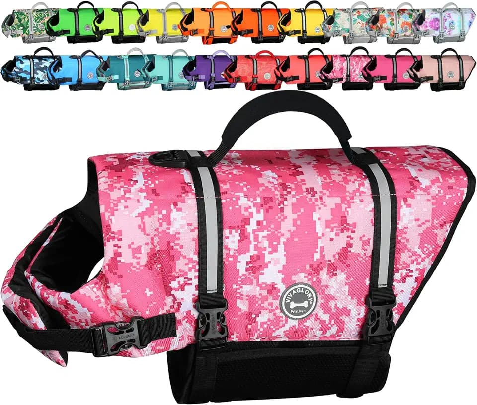 VIVAGLORY Dog Life Vest Rip Stop Dog Swim Vest, XS, Camo Pink