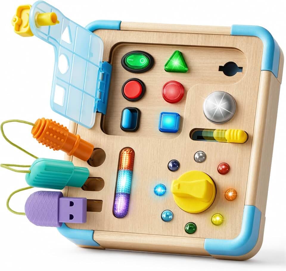 lalalark Busy Board with 15 LED Light – Montessori Learning Educational Toy with 9 Sounds, 5 Switches & Plugs, Travel Toys Sensory Activity Board for 18 Months - 3 Years Boy & Girl Birthday Gift
