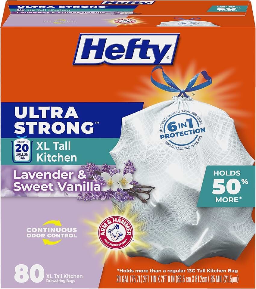 Hefty Ultra Strong 20G XL Tall Kitchen Trash Bags, Lavender Vanilla, 80ct