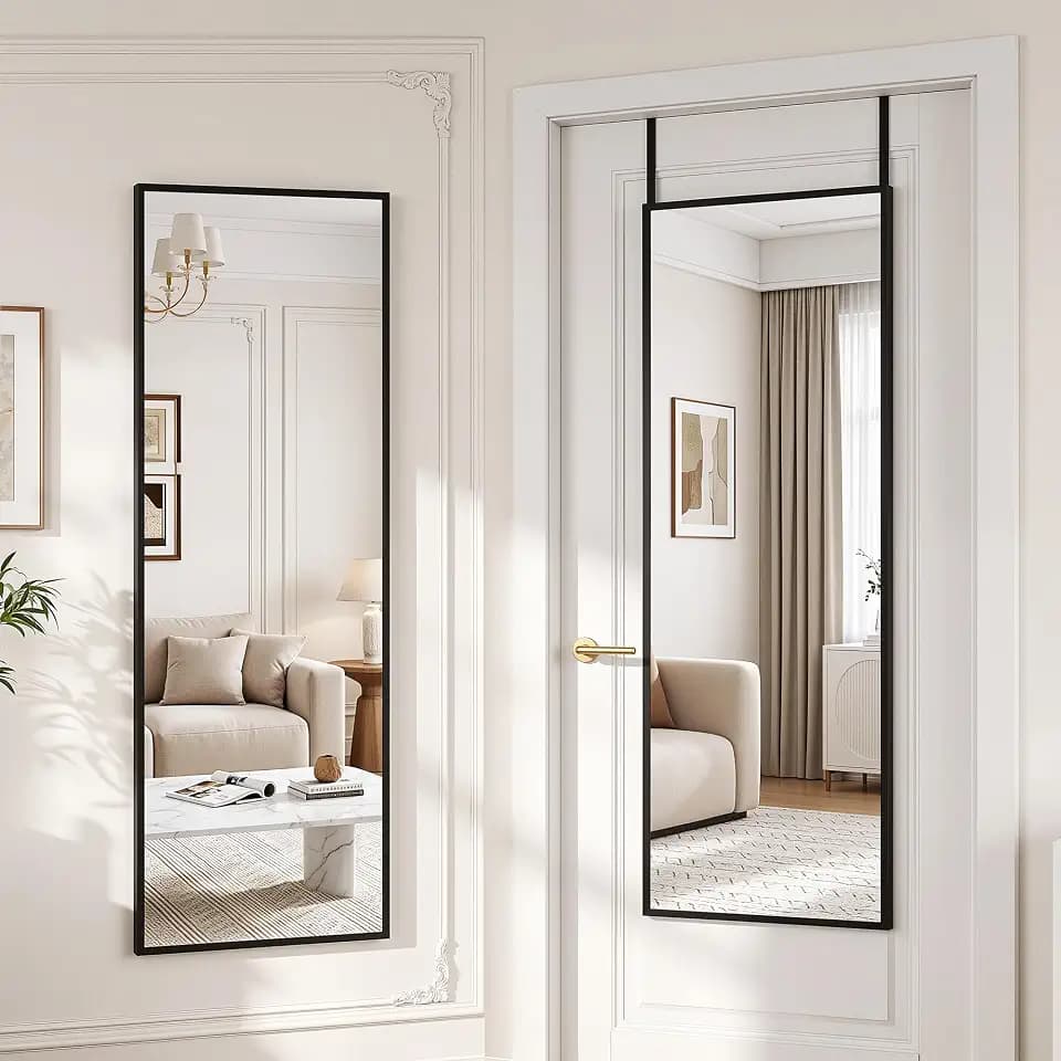 Suidia Full Length Mirror Over the Door&Wall Mounted, 48"x14" Door Mirror with Aluminum Alloy Frame, HD Shatterproof, No-Drill, Hanging Mirrors for Bedroom, Bathroom, Dorm, Closet, Rect, Black