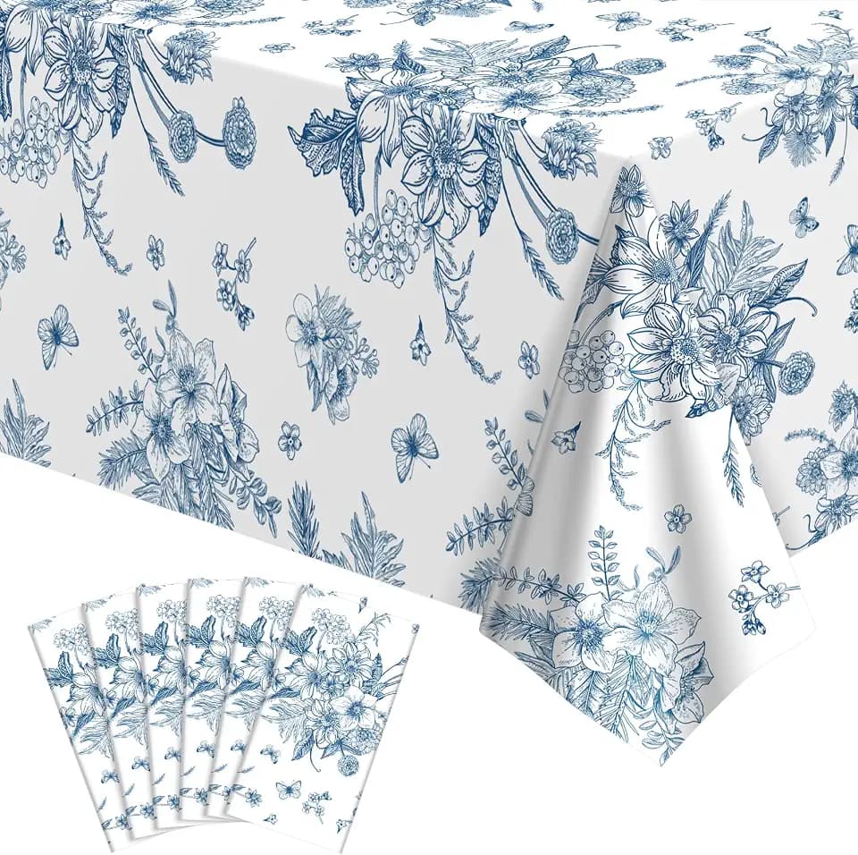 NatNarr 6 Pack Blue Floral Plastic Tablecloths, Tea Party Tablecloth