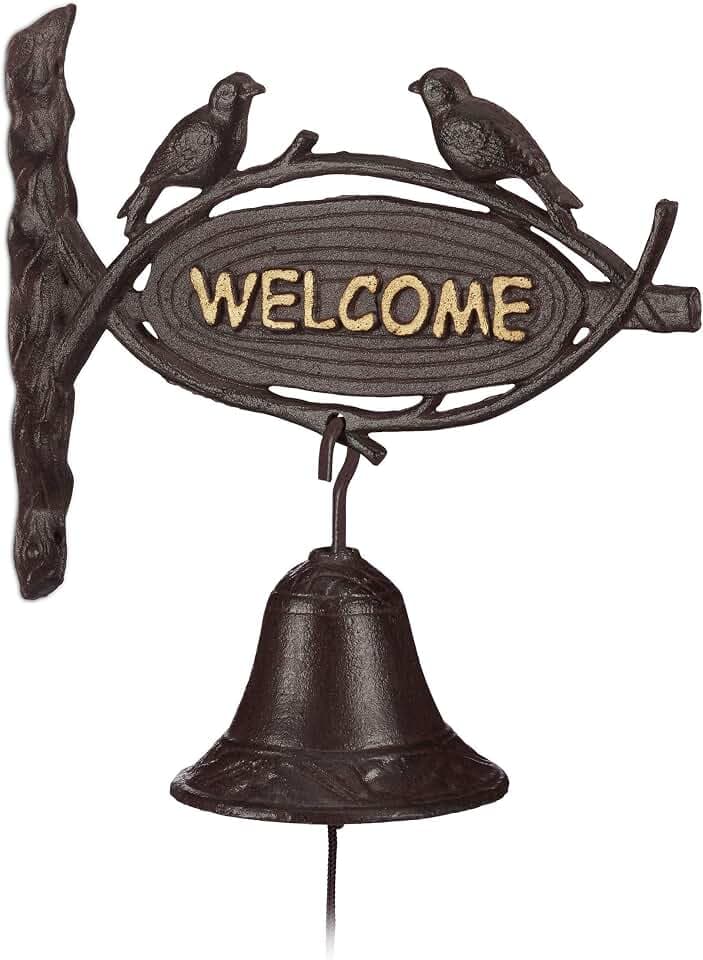 Relaxdays Türglocke Gusseisen WELCOME, Antik-Stil, goldene Buchstaben, Schild mit Vögeln, Haustür & Garten, dunkelbraun, 1 Stück, 24 x 25 x 11 cm