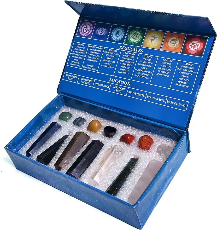 7 Chakren Set – 14-teiliges Naturstein-Set mit 7 Trommelsteinen & 7 Stäben – Sodalith, Schwarzer Stein, Tigerauge, Amethyst, Bergkristall, Labradorit, Rosenquarz – Geschenkbox
