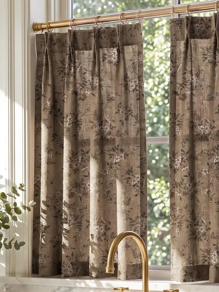 NICETOWN Pinch Pleated Cafe Curtains 36 inch Length, Khaki Floral Print