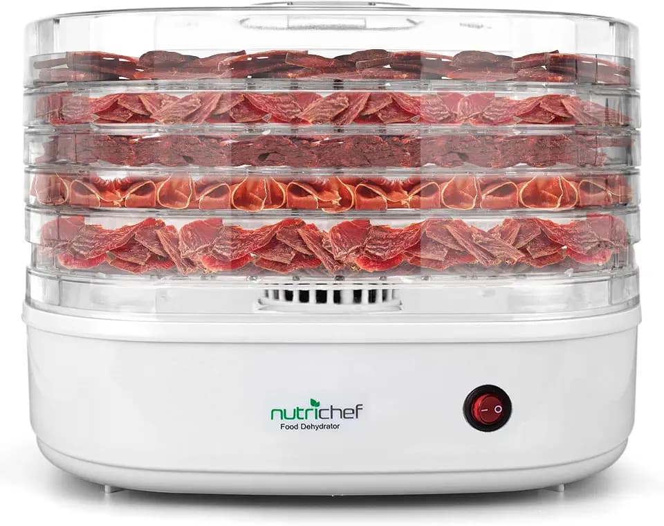 Nutrichef Dörrautomat 5 Einschübe – Weiß BPA-freies Dörrgerät für Fleisch, Obst, Pilze & Gemüse, 82°C einstellbar, 250W Leistung, leise und leicht zu reinigen