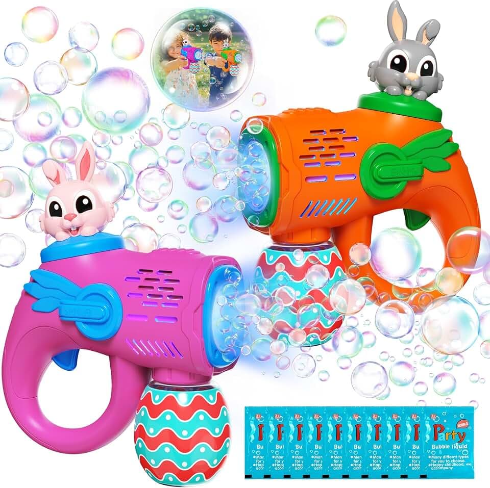 Kids Bubble Gun Toys, 2 Pack Bunny Bubble Blowers with 10 Bubble Solution Refills, Automatic Bubble Machine for Toddlers Age 3+, Outdoor Party & Easter Gifts for Boys Girls